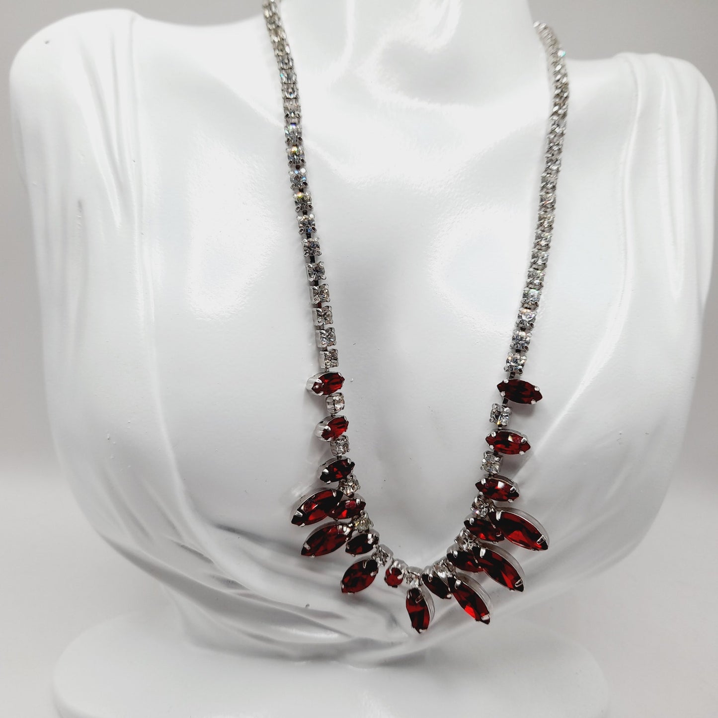 B. David Vintage Red Rhinestone Choker Necklace, Rhodium Plated, 1950s