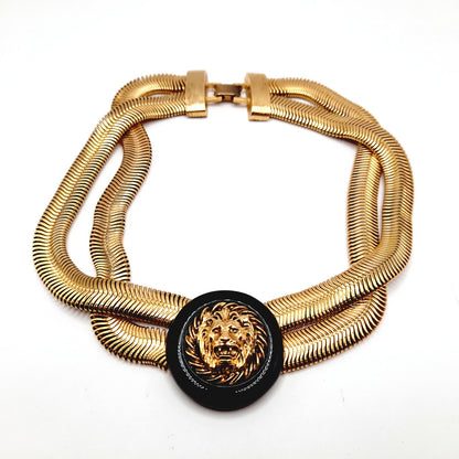 Vintage Lion Head Pendant Double Snake Chain Necklace, 15 Inches