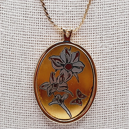 Vintage Reed & Barton Damascene July Larkspur Pendant Necklace Floral Birth Flower