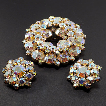 Vintage Unsigned Juliana or Weiss Brooch Earrings Set, Gold Plated, 1960