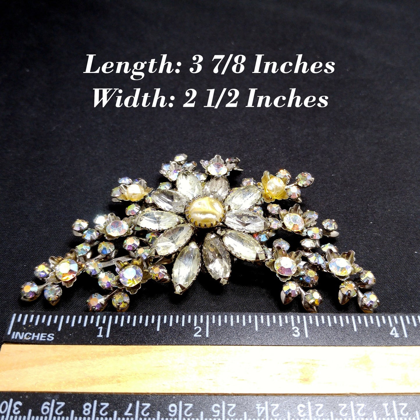 Judy Lee Signed Large Floral Brooch Rhinestone Faux Pearl AB Silver Tone 1950s