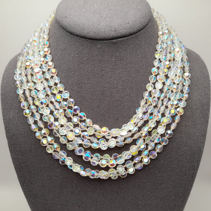 Vintage Flat Crystal Eight Strand Necklace, Hand-knotted, Aurora Borealis