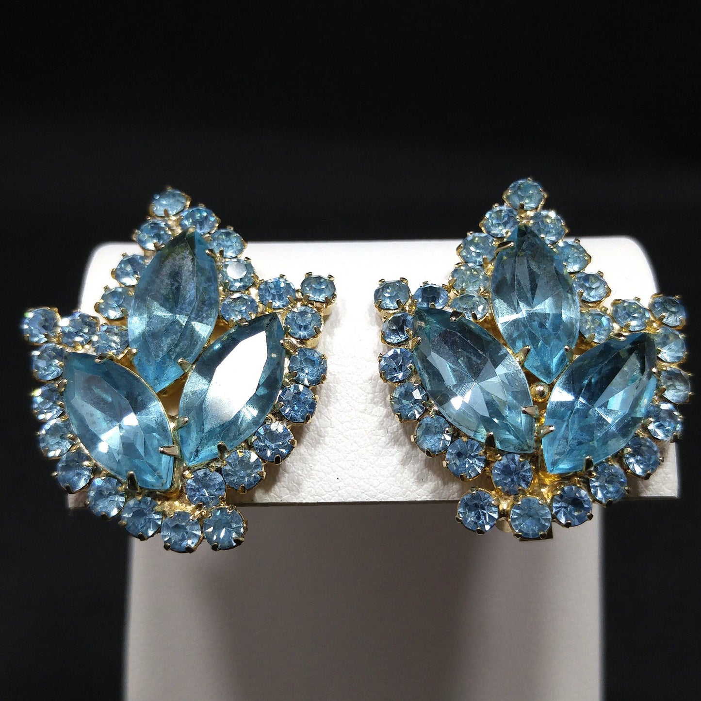 Weiss Light Blue Rhinestone Clip Earrings, Gold Plated, 1960s Vintage Jewelry