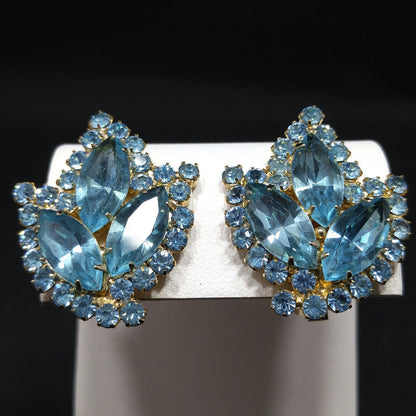 Weiss Light Blue Rhinestone Clip Earrings, Gold Plated, 1960s Vintage Jewelry