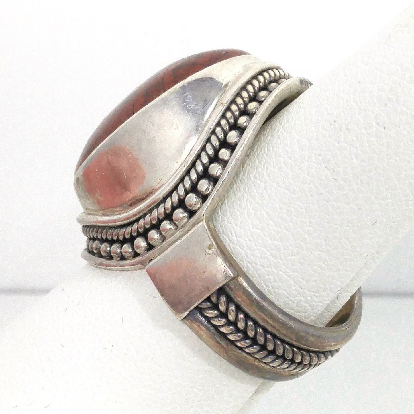 Meran Indonesia Sterling Silver Ring, Large Red Gemstone, Vintage Size 7, 925