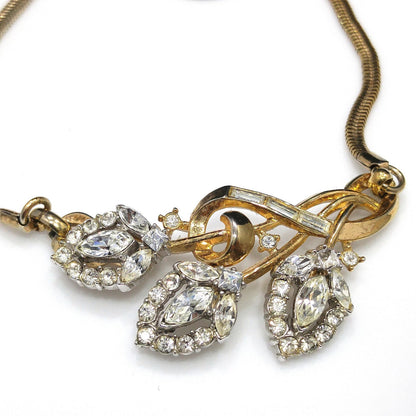Crown Trifari Rhinestone Pendant Necklace, Snake Chain, 1950s Vintage Jewelry