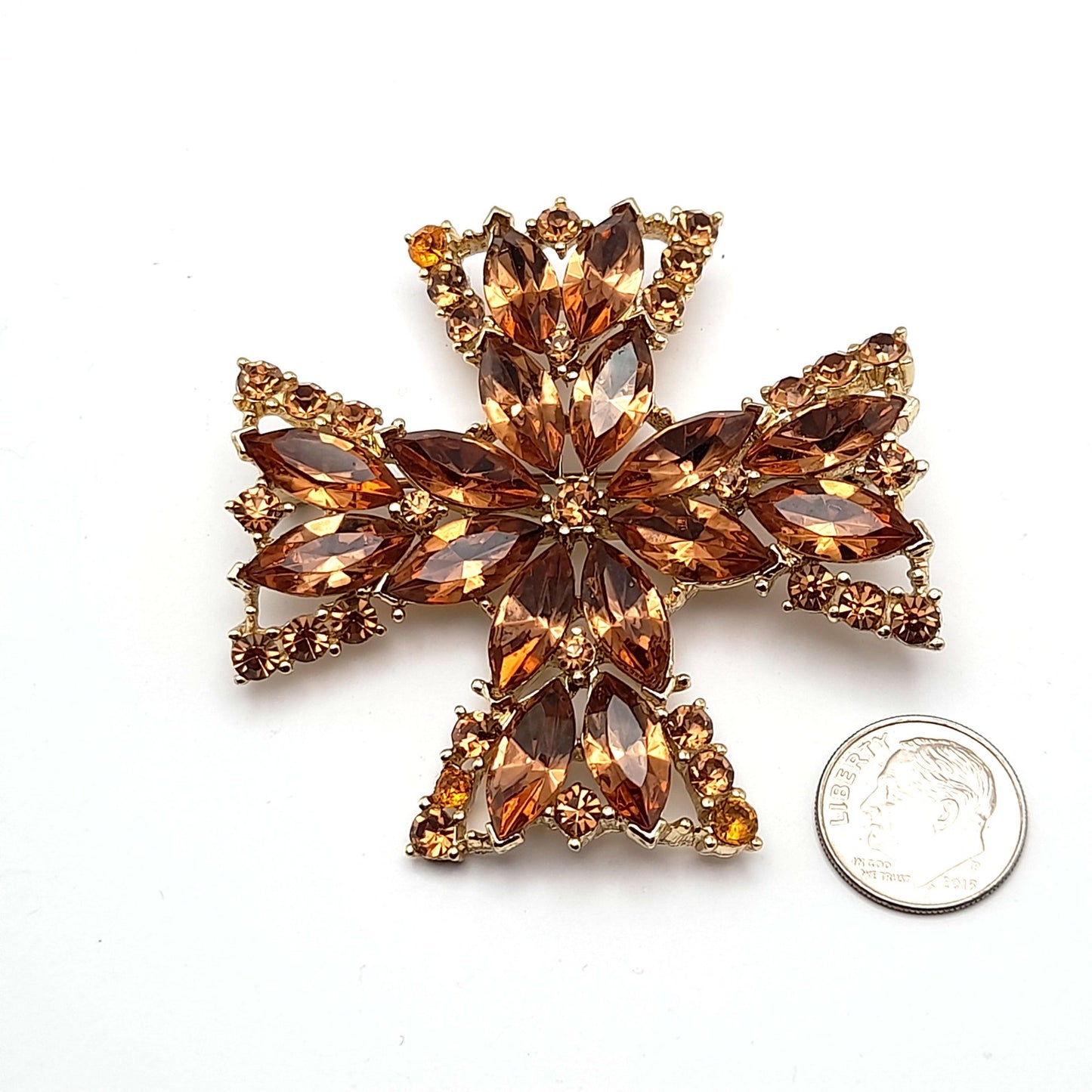Vintage WEISS Maltese Cross Topaz Rhinestone Brooch