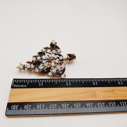 WEISS Opalescent & Purple Rhinestone Christmas Tree Brooch Vintage Holiday Pin