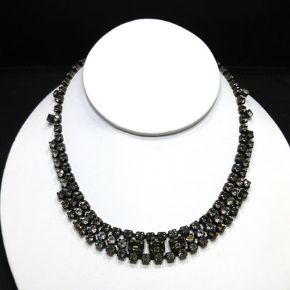 Kramer Black Diamond Rhinestone Choker Necklace, Dark Green Glass, 1950s Vintage Jewelry