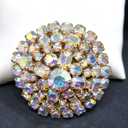 Aurora Borealis Clear Rhinestone Domed Brooch, 1960s Vintage Jewelry
