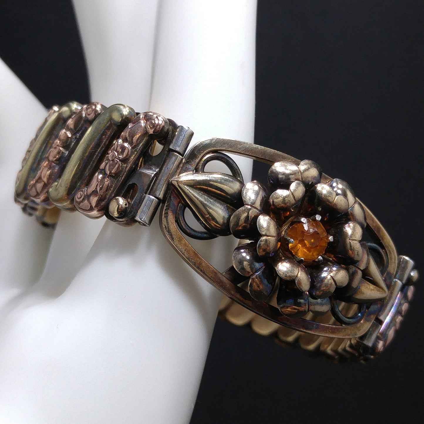 Antique Lustern Expansion Bracelet, 12KGF Sterling, Orange Rhinestone, 1920s Vintage Jewelry
