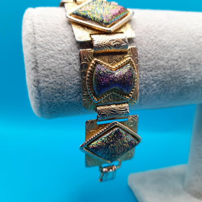 Vintage Dichroic Glass Book Chain Bracelet, Gold Tone, Iridescent Stones, 1950s, 7"
