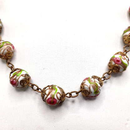 Vintage Italian Wedding Cake Bead Necklace Earrings Set, Venetian Lamp-work, 1940s Jewelry