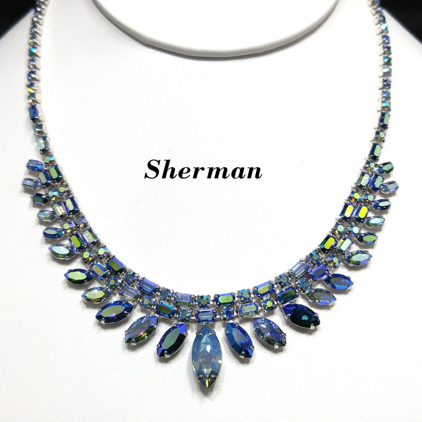 Sherman 1950s–60s Blue Aurora Borealis Rhinestone Necklace | Rhodium Plated Mid-Century Statement Collar
