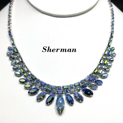 Sherman 1950s–60s Blue Aurora Borealis Rhinestone Necklace | Rhodium Plated Mid-Century Statement Collar