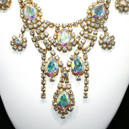 Aurora Borealis Rhinestone Frontal Necklace, Gold Plated, 21 Inches, 1970s Vintage Jewelry