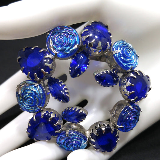 Cobalt Blue Iridescent Rose Wreath Brooch, Silver Tone, Prong Set Rhinestones, 1960s Vintage Jewelry