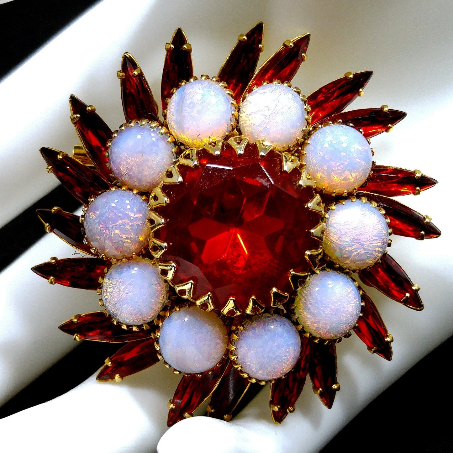 Vintage Judy Lee Faux Fire Opal Red Rhinestone Brooch, Gold Plated, 1960s