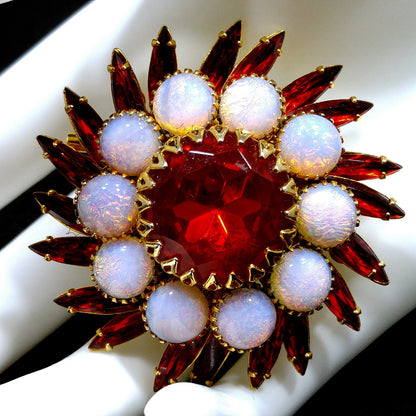 Vintage Judy Lee Faux Fire Opal Red Rhinestone Brooch, Gold Plated, 1960s