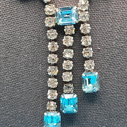 Weiss Blue Clear Rhinestone Necklace, Tassel Pendant, Signed Weissco, 1940s Vintage Jewelry