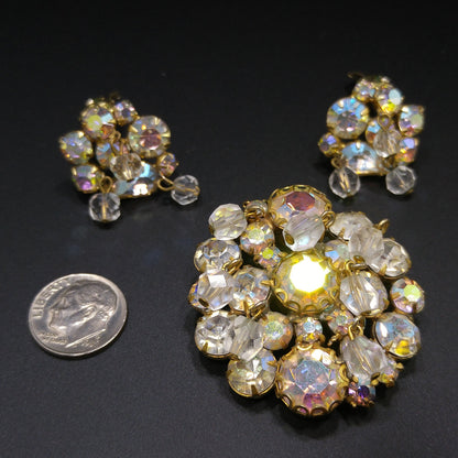 Kramer AB Rhinestone Brooch & Earrings, Dangling Crystal Beads, Gold Plated, 1960s Vintage Jewelry