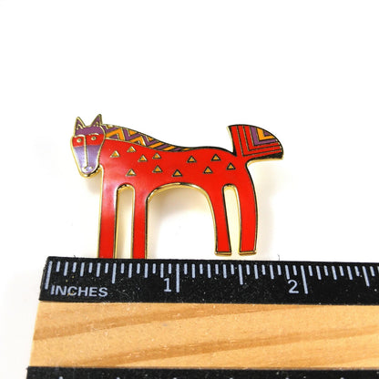 Laurel Burch "Inca" Red Horse Brooch, Cloisonné Gold Plated, 1980s Vintage Jewelry