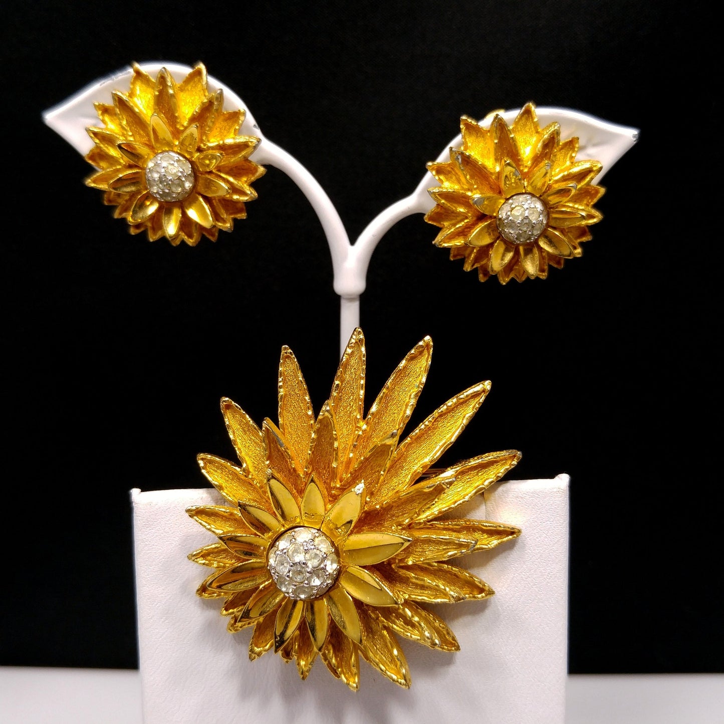 Joseph Mazer Flower Brooch & Earrings, Gold Plated, 1960s Vintage Jewelry