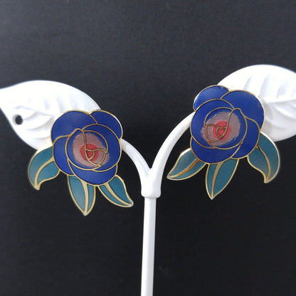 Vintage Laurel Burch Blue "Deco Rose" Post Earrings, 1980s Vintage Jewelry