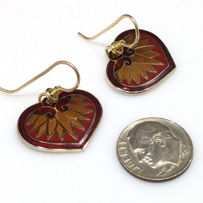 Vintage Laurel Burch Hollyhock Floral Earrings, Gold Plated Cloisonne, Red Enamel