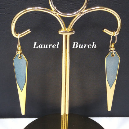 Vintage Laurel Burch Blue Metallic Long Earrings, Gold Plated