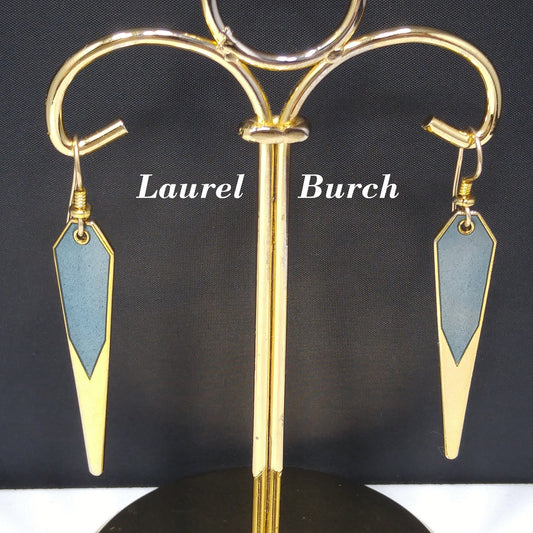 Vintage Laurel Burch Blue Metallic Long Earrings, Gold Plated