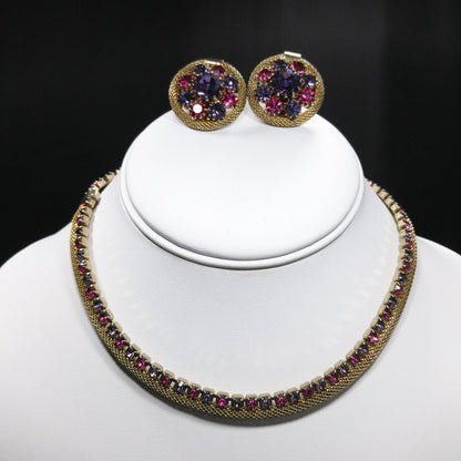Weiss 1950s Gold Mesh Necklace & Earrings Set – Pink and Lavender Rhinestones