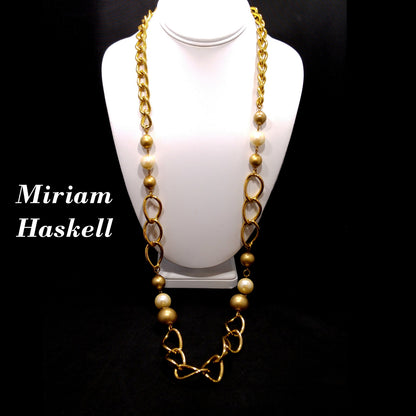 Miriam Haskell Long Faux Pearl Necklace, 36 Inches, Gold Plated, 1940s Vintage Jewelry
