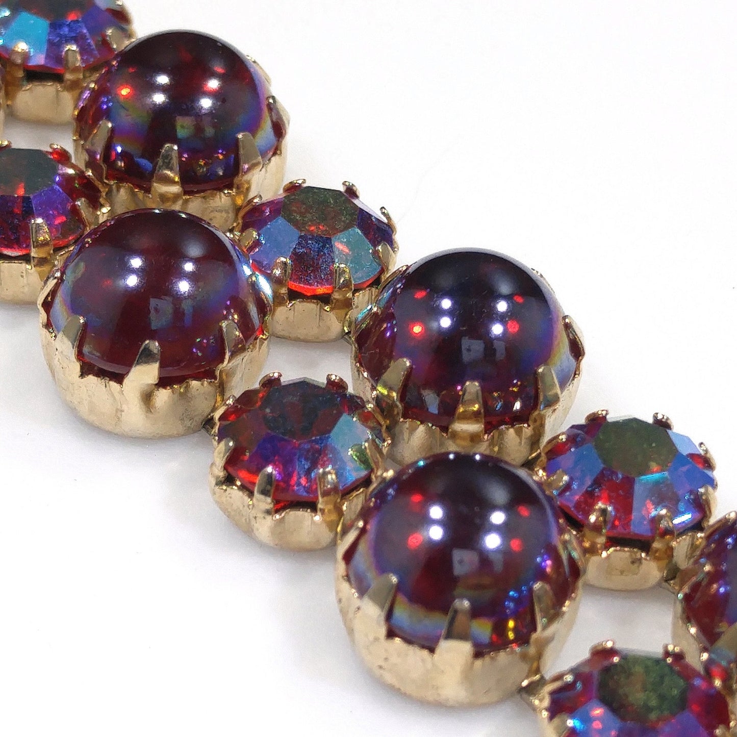 Mid-Century Red Aurora Borealis Rhinestone Cabochon Bracelet, Gold Plated, 1960s Vintage Jewelry