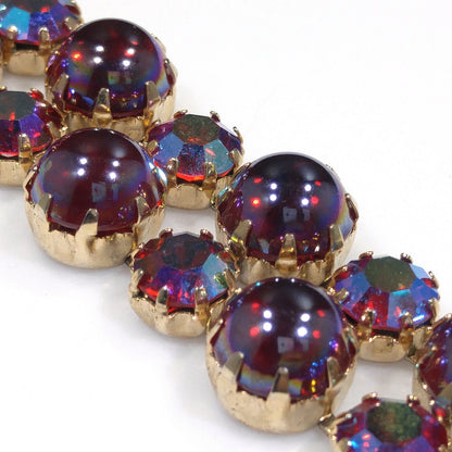 Mid-Century Red Aurora Borealis Rhinestone Cabochon Bracelet, Gold Plated, 1960s Vintage Jewelry