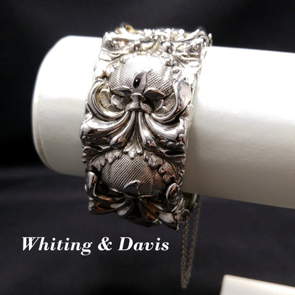 Whiting & Davis Antiqued Floral Wide Bracelet, Book Piece, 1970s Vintage Jewelry