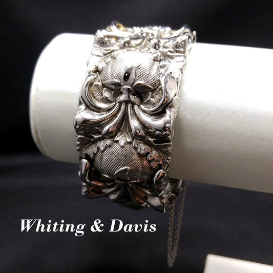 Whiting & Davis Antiqued Floral Wide Bracelet, Book Piece, 1970s Vintage Jewelry