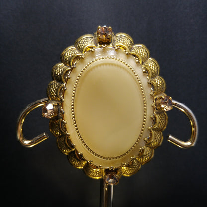 Vintage 1950s West Germany Beige Art Glass Filigree Brooch Gold Tone Rhinestones