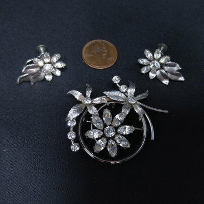 Krementz Silver Tone Clear Rhinestone Brooch, Rhodium Plated, Screw Back Earrings, 1940s
