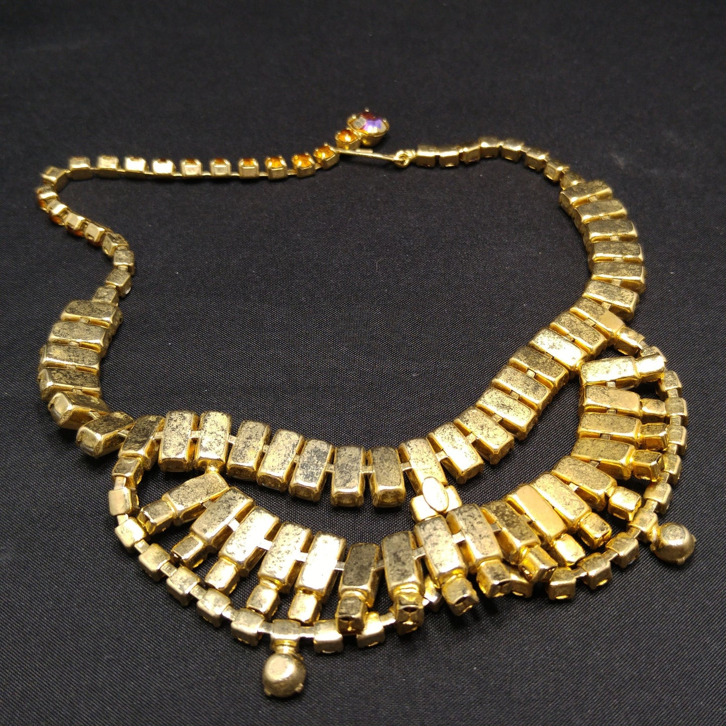 Vintage Weiss Festoon Topaz Rhinestone Necklace, Book Piece, Art Glass & Rhinestones
