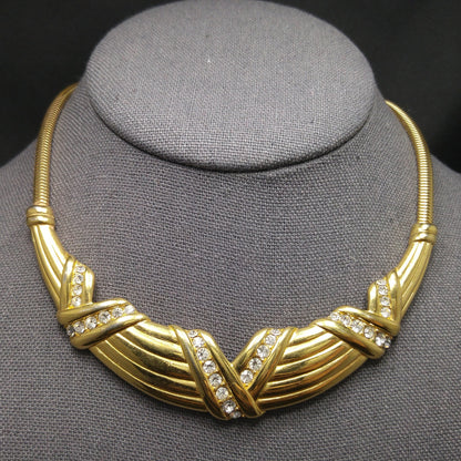 Monet Rhinestone Necklace, Gold Plated Snake Chain, 1960s Vintage Jewelry
