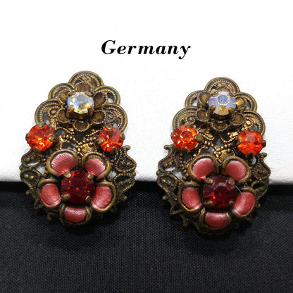 Germany Red Orange Filigree Clip Earrings, Enamel Flowers, 1940s Vintage Jewelry