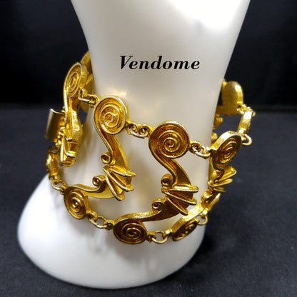 Vintage Vendome Wide Gold Plated Bracelet Swirl Design Hidden Clasp 1950s