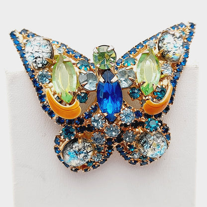 Vintage Butterfly Rhinestone Brooch – Sapphire Blue, Green & Art Glass Cabochon, Gold Tone Statement Jewelry
