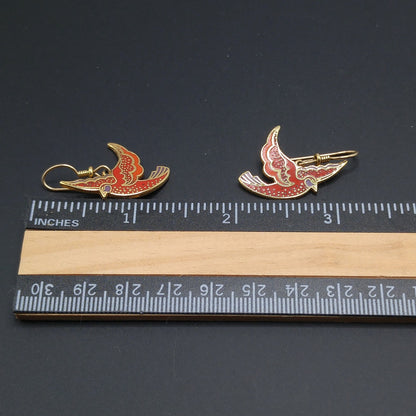 Vintage Laurel Burch "Kris" Red Bird Earrings, Cloisonne Enamel, Gold Plated