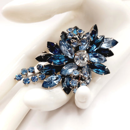 Vintage Blue Rhinestone Floral Spray Brooch, Sapphire Clear Stones, 1950s Jewelry