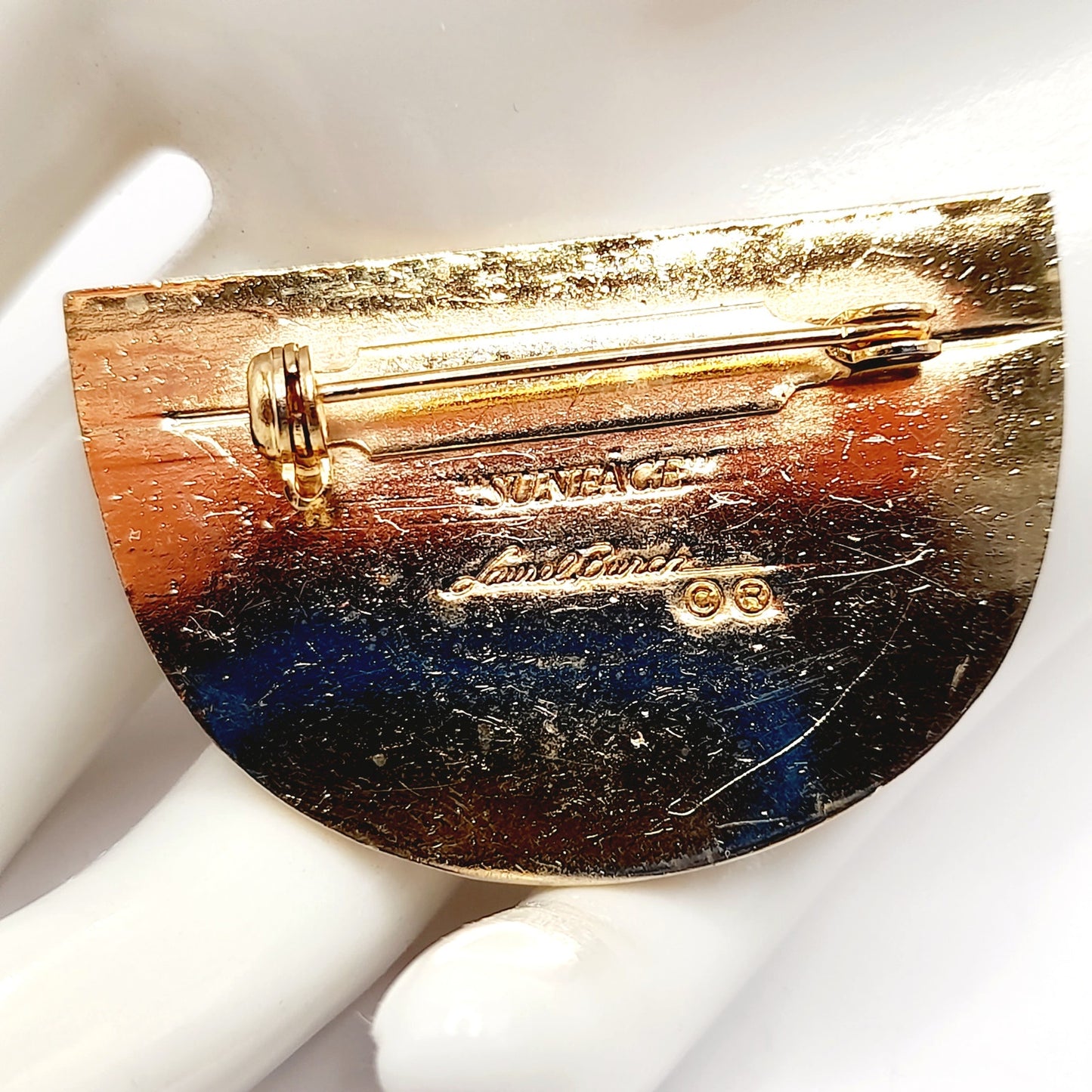 Vintage Laurel Burch Sunface Brooch, Black White Enamel Gold Plated Pin, 1980s Cloisonné Jewelry, Artistic Statement Accessory 1 3/4 Inch