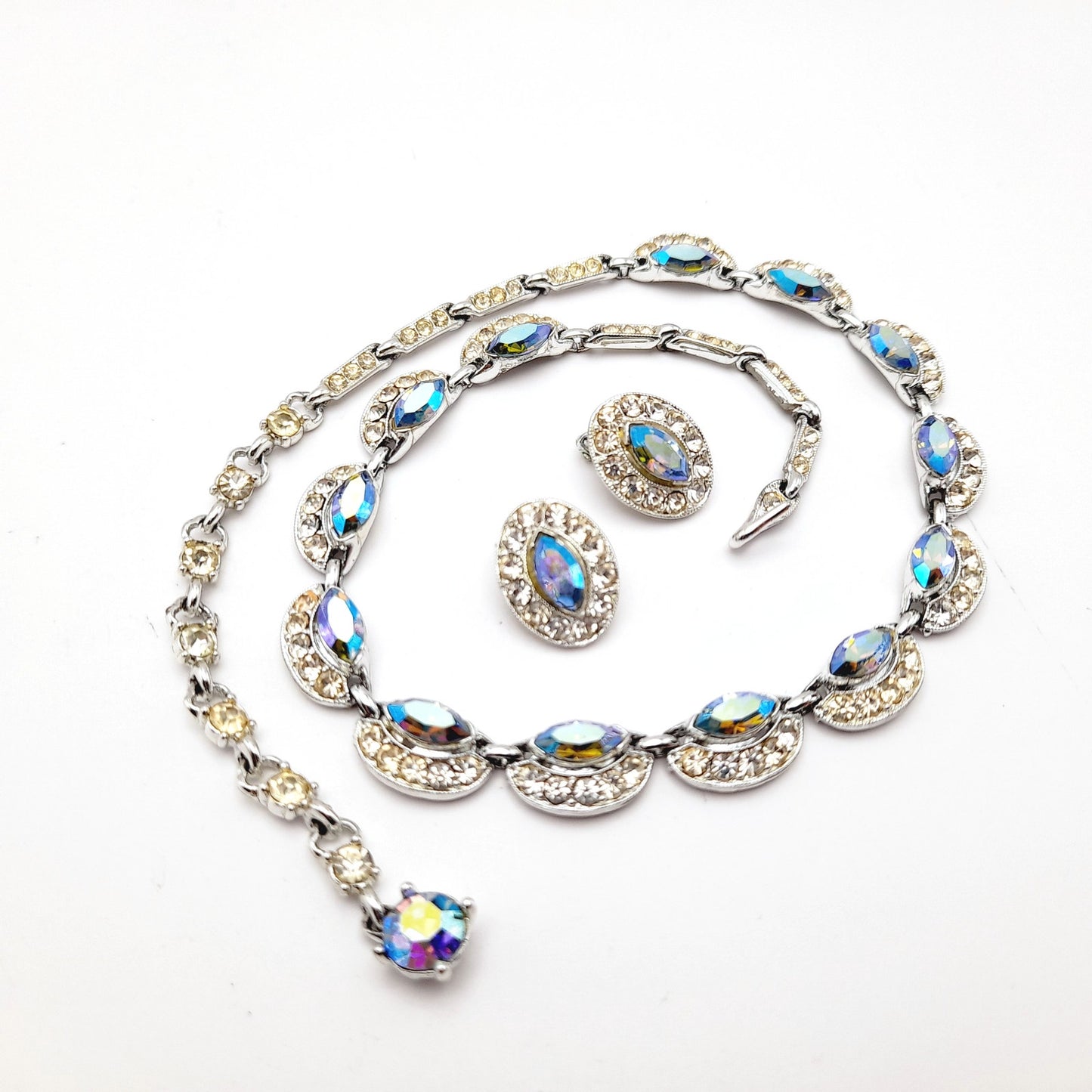 Bogoff Blue Rhinestone Rhodium Plated Choker Necklace Clip Earrings Set