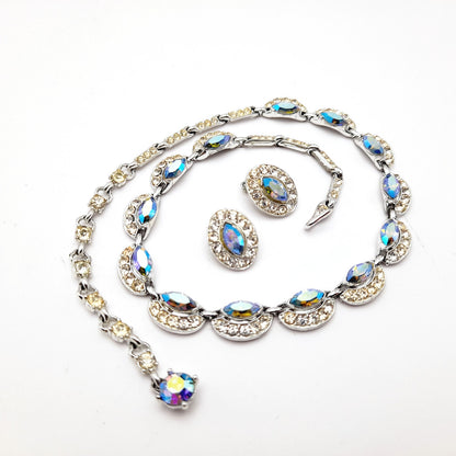 Bogoff Blue Rhinestone Rhodium Plated Choker Necklace Clip Earrings Set