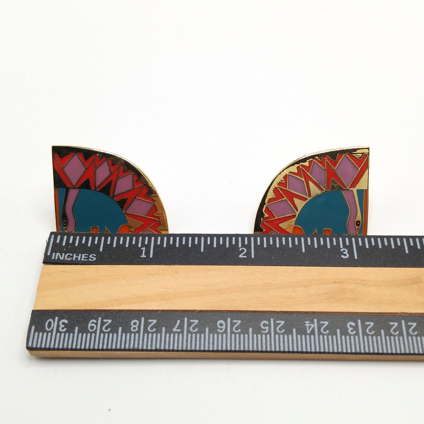 Laurel Burch "Sunface" Clip Earrings, Gold Plated Cloisonne Enamel, 1980s Vintage Jewelry
